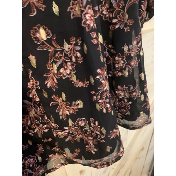 Aqua Floral Metallic Gold Print V-Neck Cocktail Party Mini Dress Long Sleeves XS - Picture 15 of 16